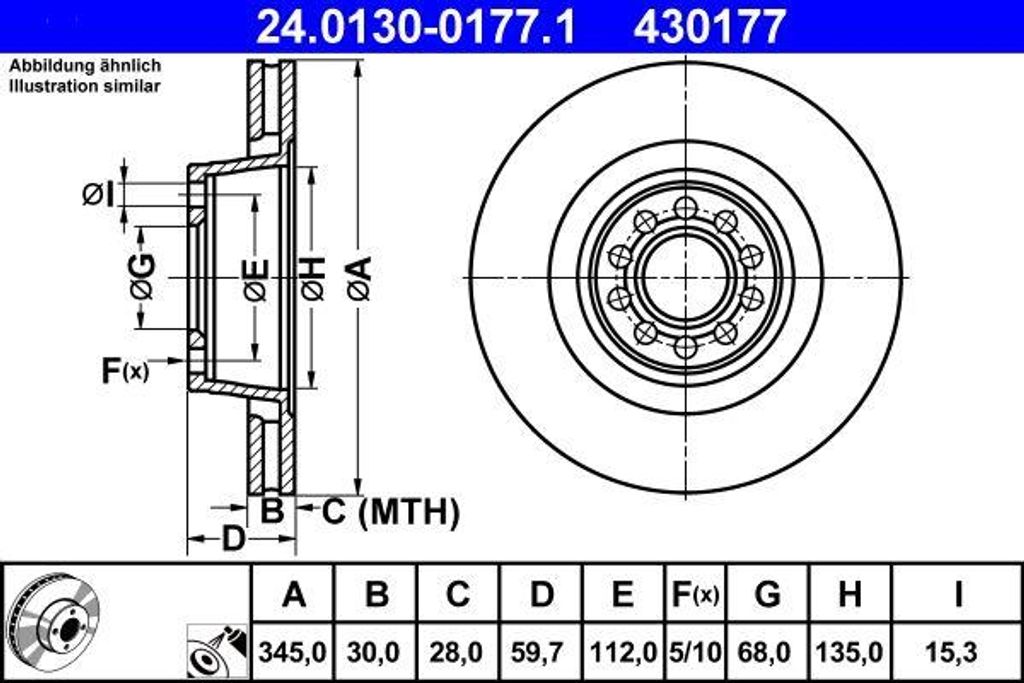 ATE 24.0130-0177.1 Bremsscheibe OE 4D0615301B kompatibel mit A8 4D