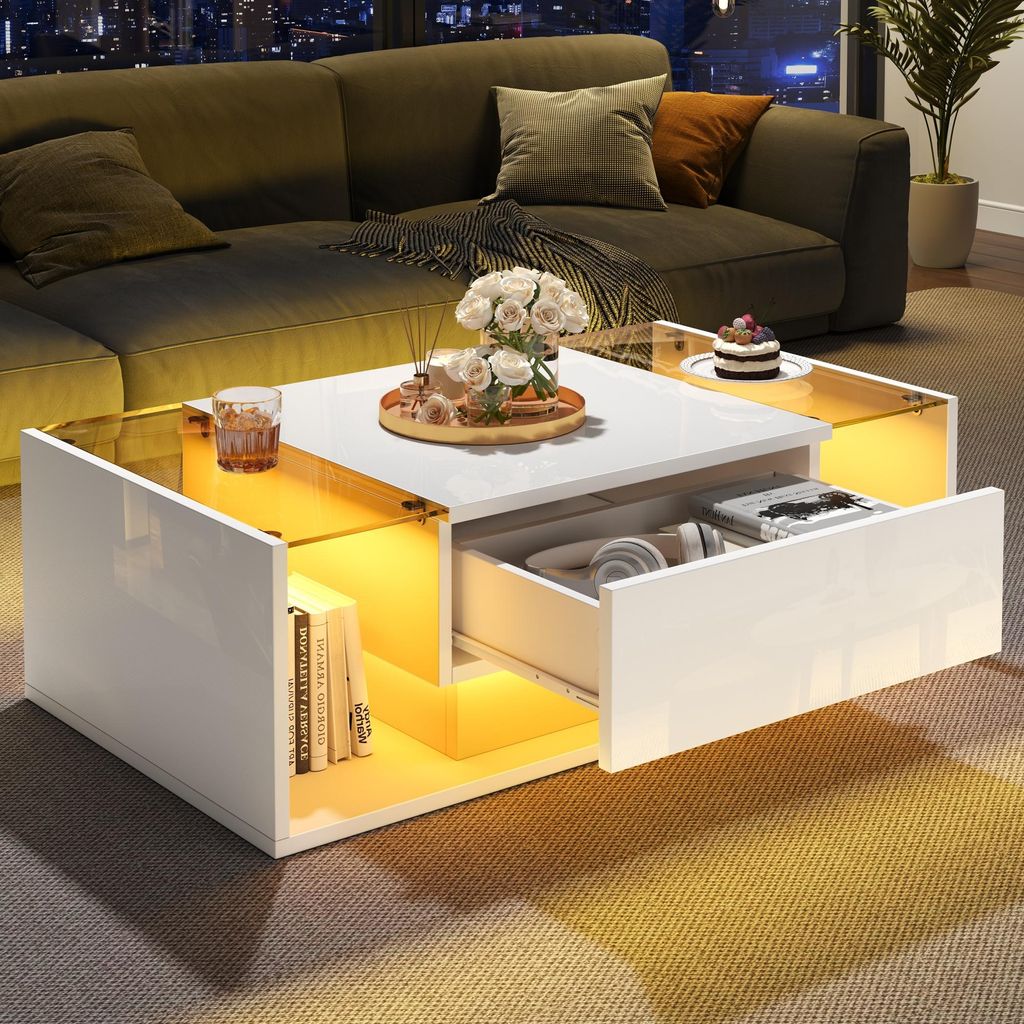 STILVORA Moderner Couchtisch Beistelltisch mit 1 Schublade und LED-Lichtleiste,Sofatisch mit Hochglanz,Wohnzimmertisch aus gehärtetem Glas,weiß