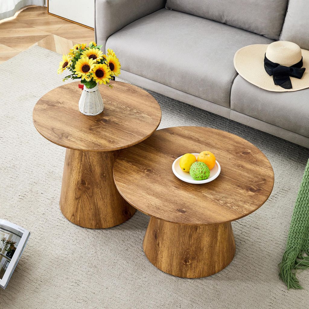 MODFU Kaffeetisch Set,Sofatisch,2 runde Hocker-Beistelltische,natürliche Maserung + stabiler Sockel,für den Balkon und Wohnzimmer,Holz