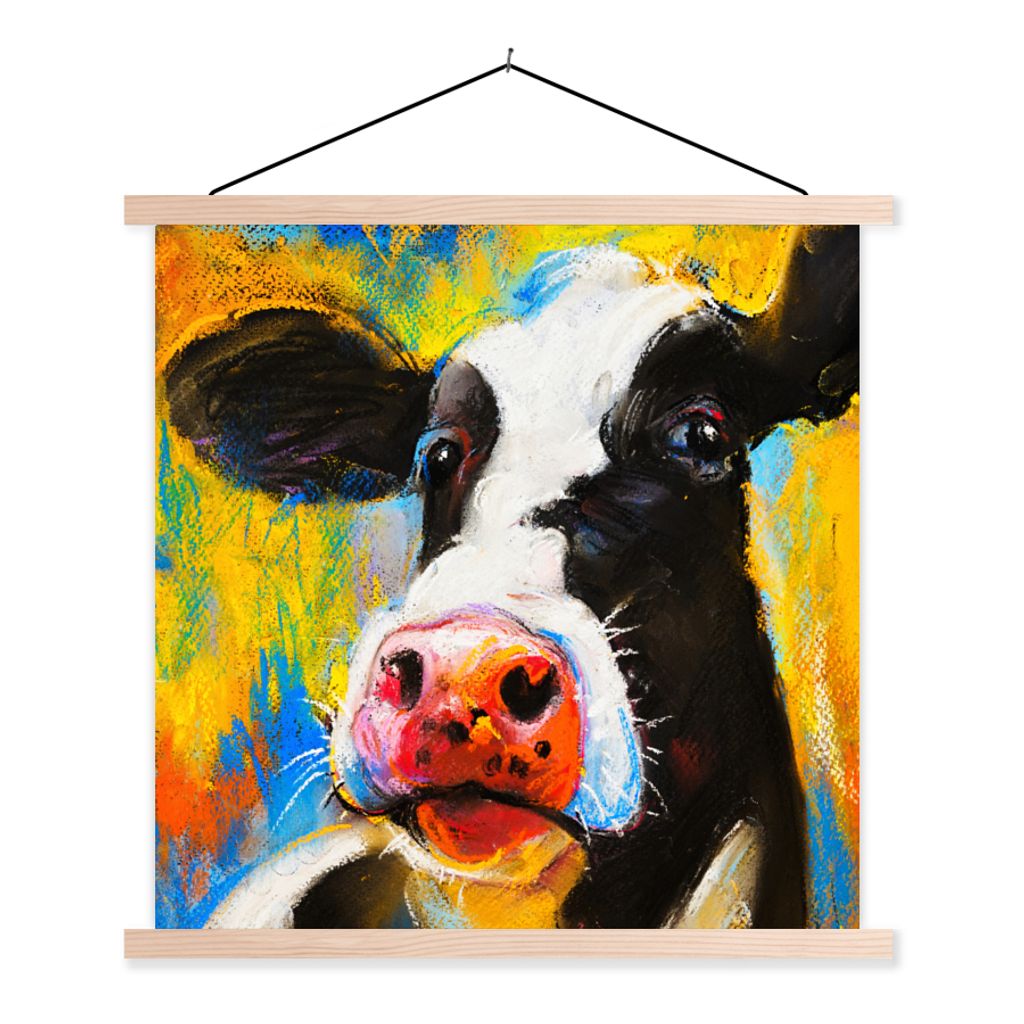 MuchoWow Textilposter Gemälde - Ölfarbe - Kuh - Tiere 60x60 cm mit holzfarbenen Rahmen - Wanddekoration