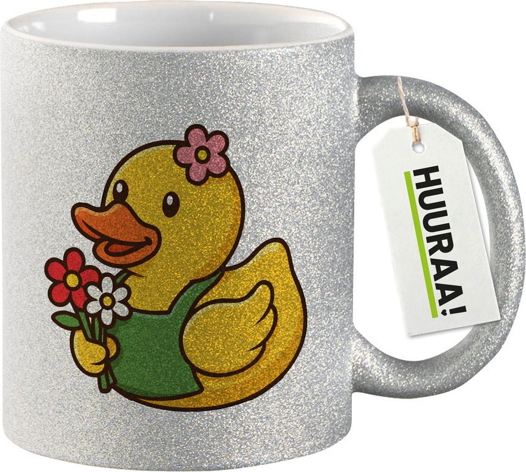 Huuraa Glitzertasse Quietscheente Floristin Gummiente Gärtnerin 330ml Silber Keramik Kaffeebecher Geschenkidee