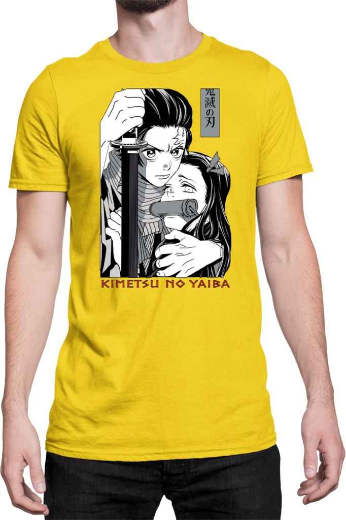 Herren T-Shirt Demon Anime Slayer Kimetsu No Yaiba Tanjiro Nezuko Kamado 003, Man 2XL / Gelb