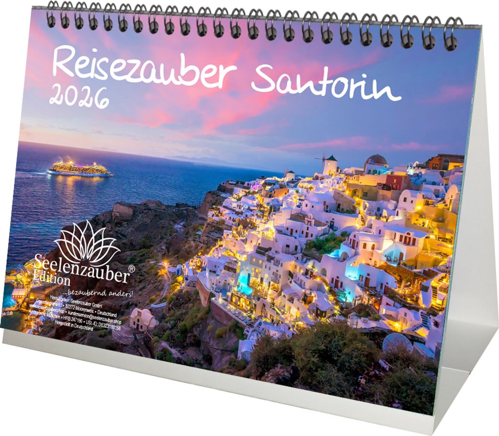 Reisezauber Santorin DIN A5 Tischkalender für 2026 Fira Griechenland Meer Strand Urlaub - Seelenzauber