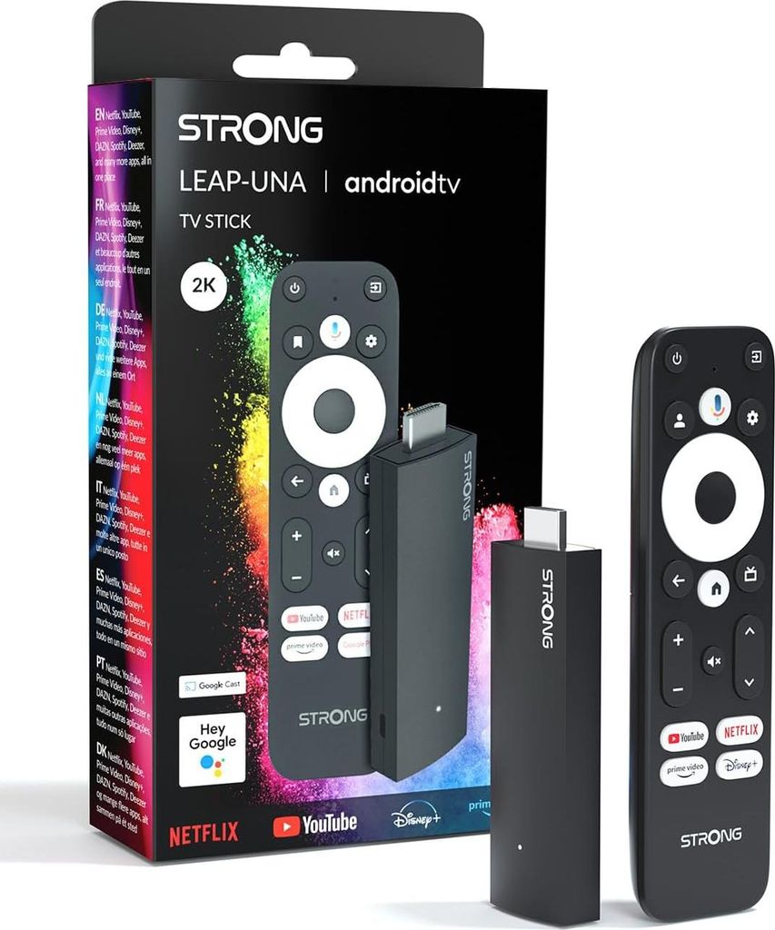 A product box and its contents, including a TV stick and remote control, are displayed against a black and white background.