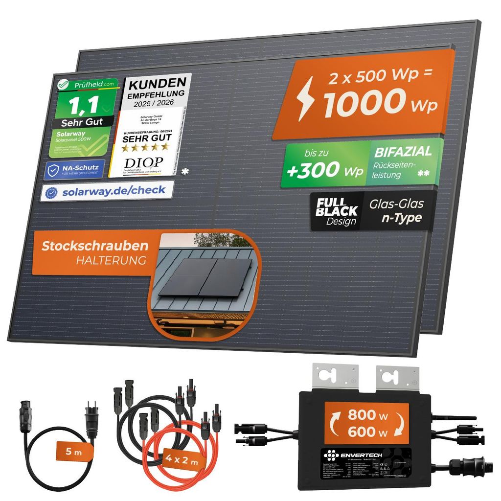 Solarway®️ 1000Wp / 800W Balkonkraftwerk komplett Steckdose Produktbild 