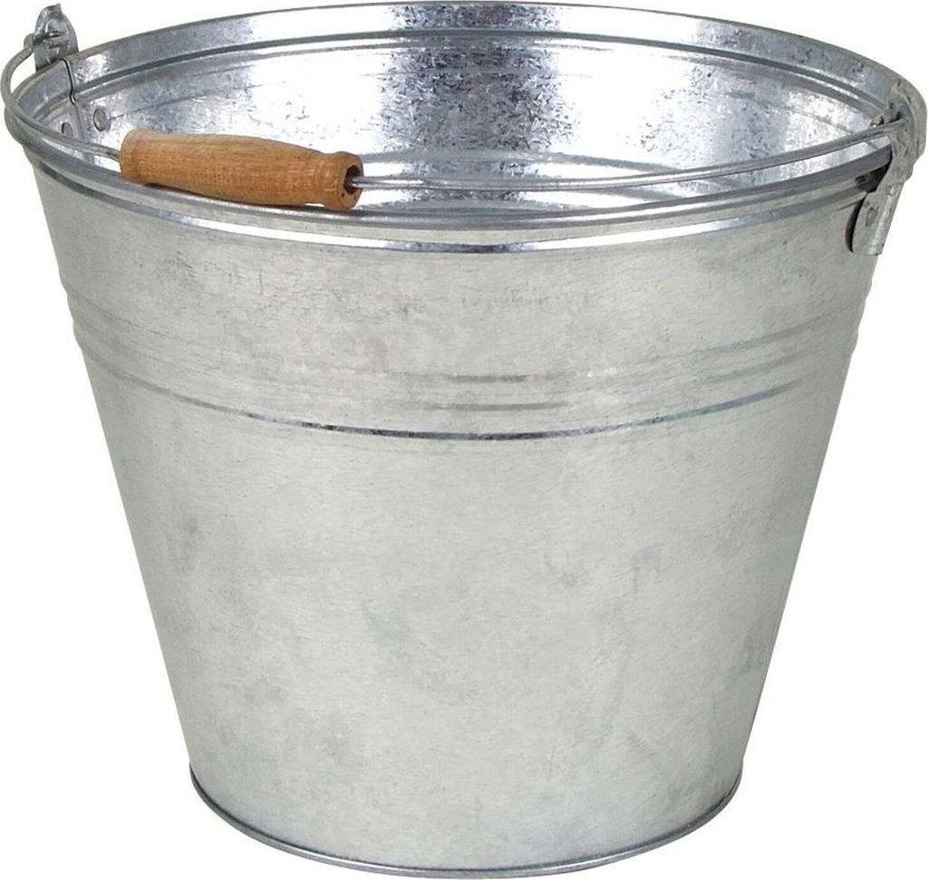 A galvanized metal bucket with a wooden handle.
