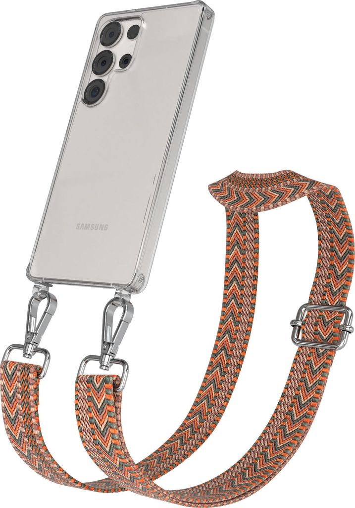 Samsung Galaxy S25 Ultra Chain Eyelets Slim Neck Strap Set Zig Zag Orange - Green 9 Metall Silver