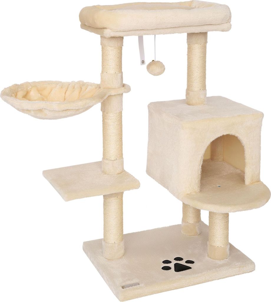 lionto Kratzbaum 93 cm mit Höhle, Liegemulde, Spielball & Sisalstämmen, kompakter Katzenbaum, beige