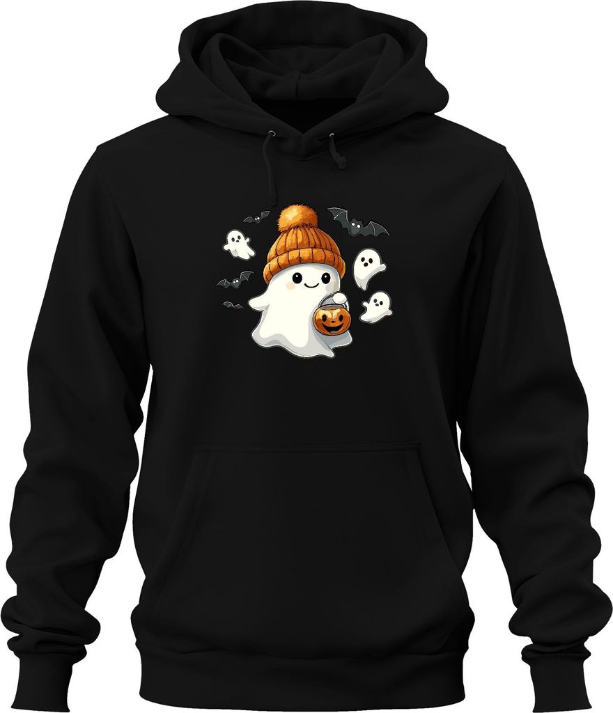 Niedlicher Halloween Geist mit Mütze Kürbis Laterne Kawaii Süßes Uni Hoodie Kapuzenpullover, Schwarz, XXL
