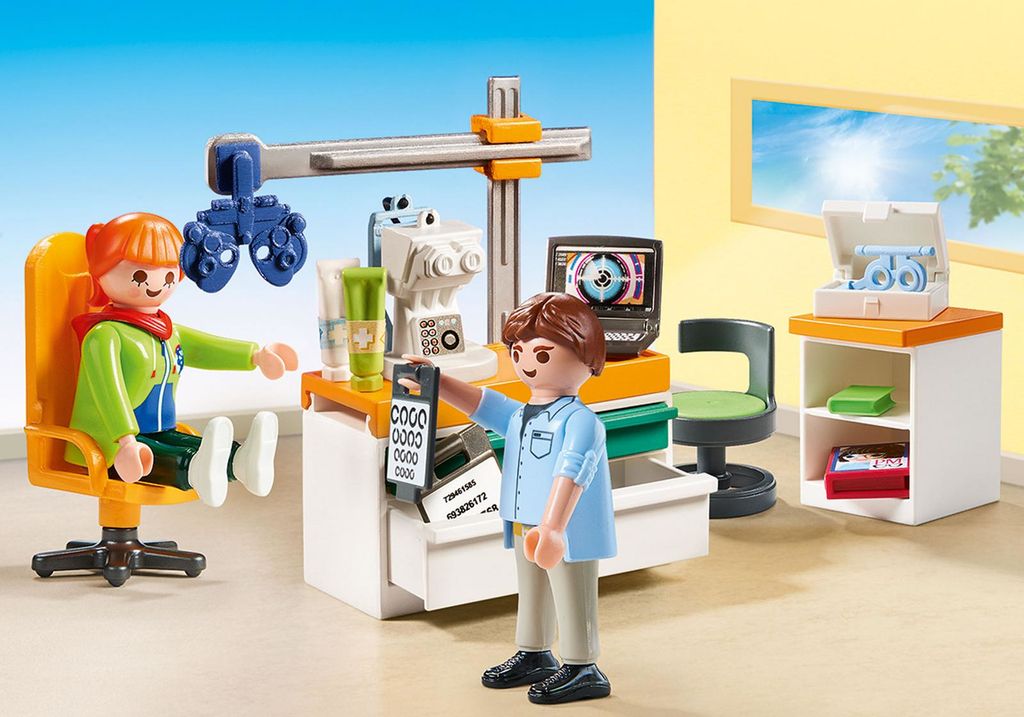 A Playmobil eye doctor's office playset with two figures, examination equipment, and furniture.