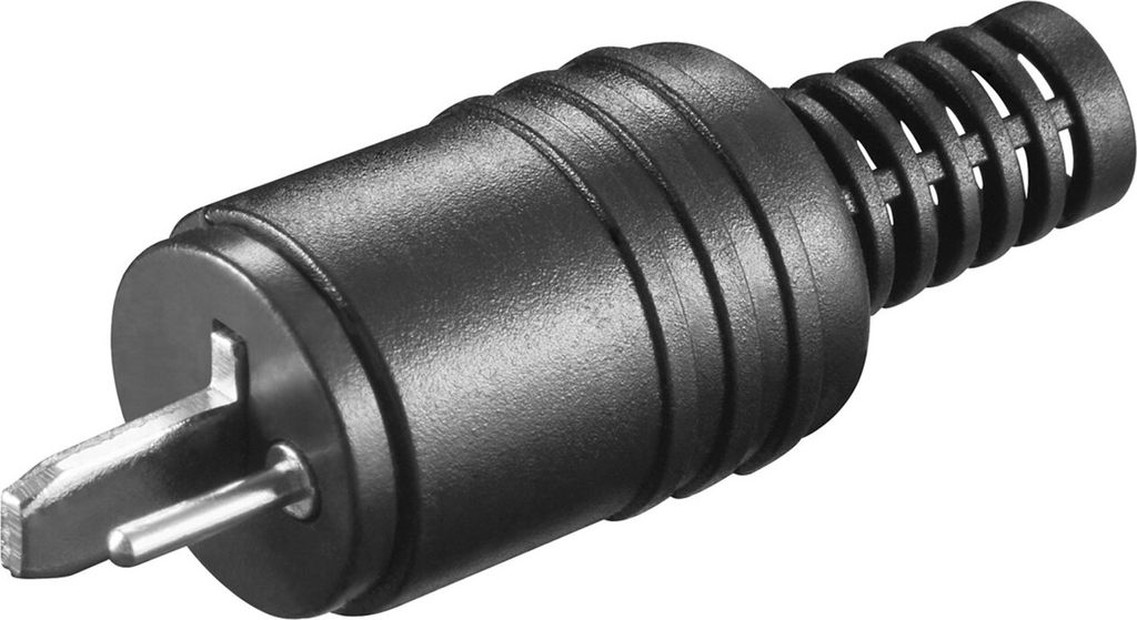 A close-up studio shot of a black speaker plug with silver metal contacts.