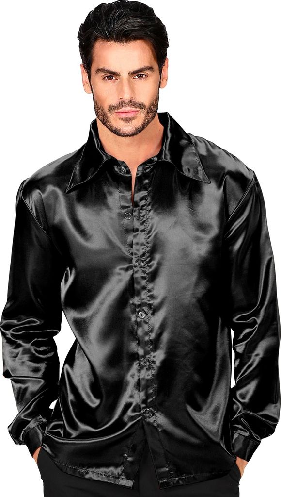 SCHWARZES DISCOHEMD 70er JAHRE aus Satin M