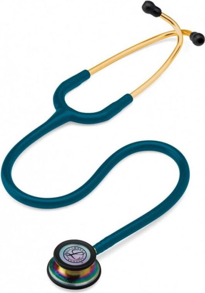 3M Littmann Classic III Stethoskop, Regenbogenkopf, goldene Lyra, blaues Kabel 5807