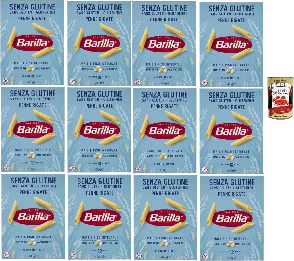 Barilla Glutenfrei Penne Rigate – 12 x 400 g (4,8 kg) | Mais & Vollkornreis, al dente in 10 Min., vegan & glutenfrei, perfekte Saucenhaftung – ...