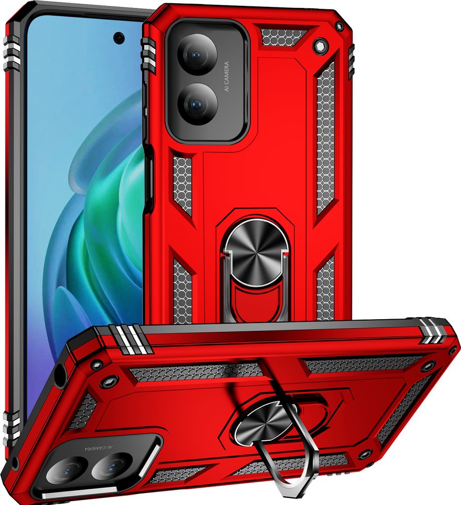 Schutzhülle für Motorola Moto G Play 2024 4G Dual Layer Robust Militäre Fallschutz Hülle mit Ringhalterung Ständer Rot