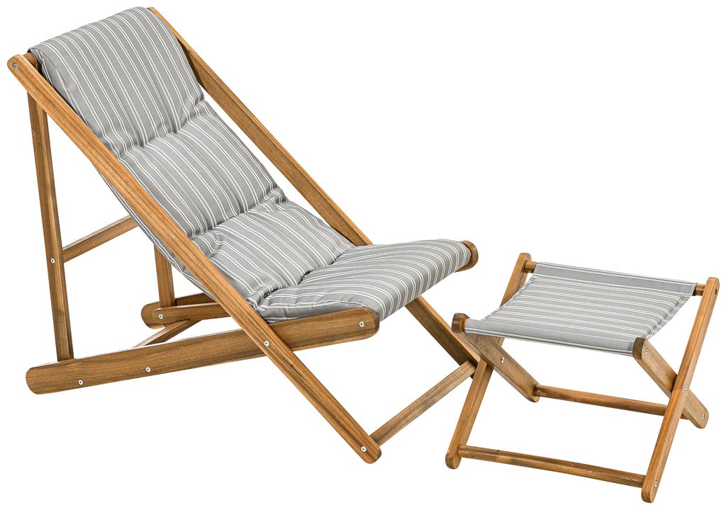 Dehner Strandstuhl und Hocker Macao, Stuhl ca. 104 x 59 x 90 cm, Hocker ca. 51 x 50.5 x 37 cm, FSC -es Akazienholz, grau / weiß