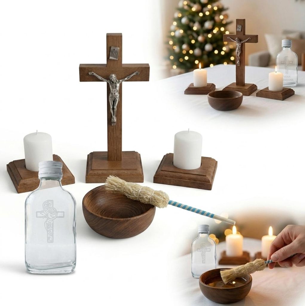 WEIHNACHTS-SET aus braun gebeiztem Buchenholz mit Kreuz + FLASCHE für WEIHWASSER