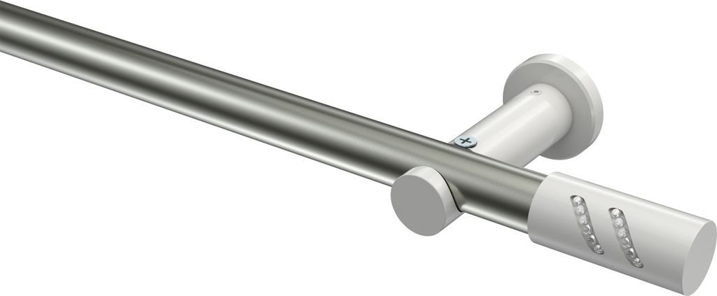 Interdeco Gardinenstange / Vorhangstange Edelstahl-Optik / Weiß, Typ Platon Zoena (Glitzerzylinder) ohne Ringe, 20 mm Ø 1-läufig, 540 cm