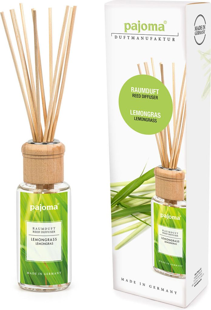 pajoma Raumduft 100 ml, Lemongras | inkl. Duftstäbe und Holzaufsatz in Geschenkverpackung