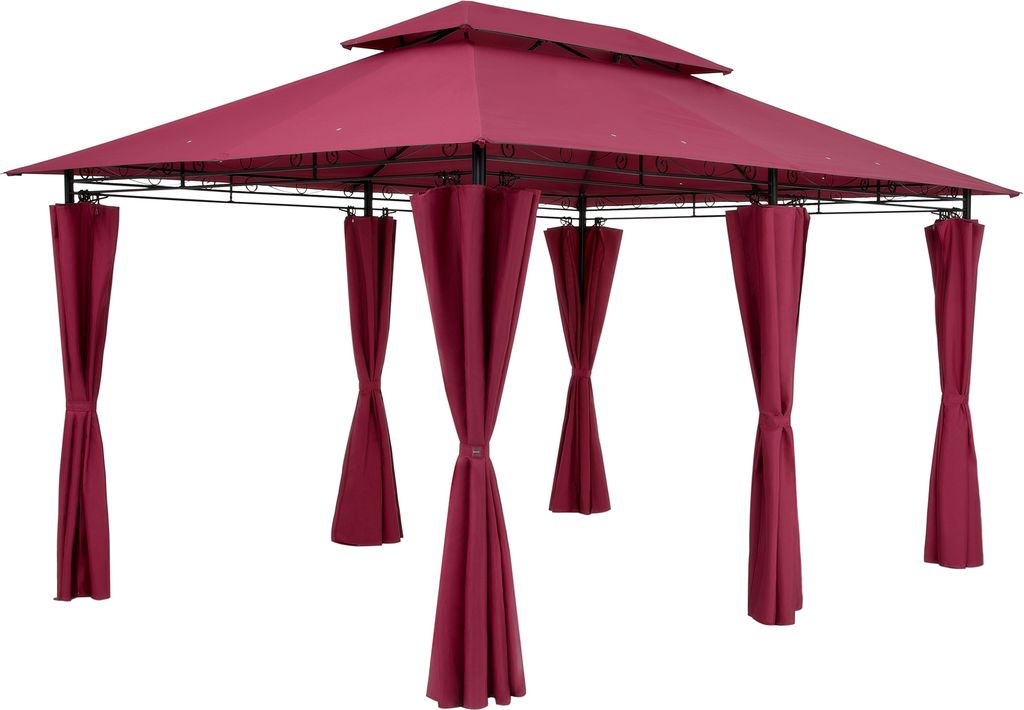 A burgundy gazebo with curtains, shown against a white background.