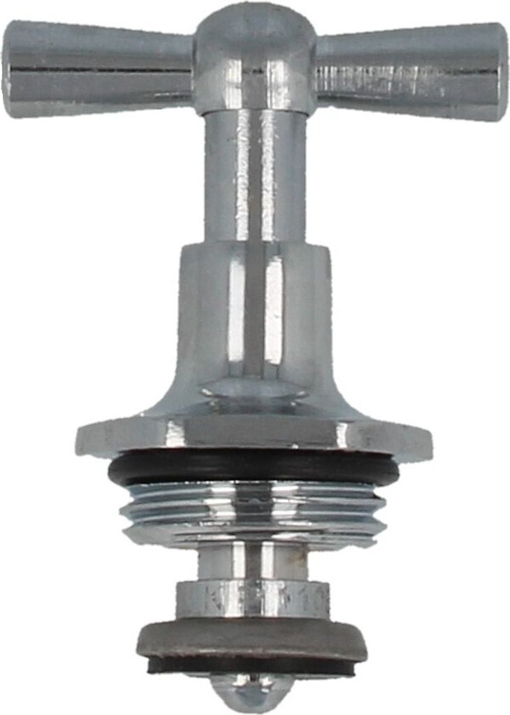 A close-up studio shot of a chrome faucet valve part.