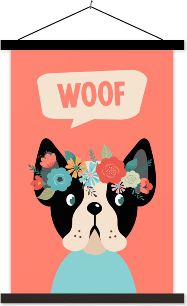 MuchoWow Textilposter Hund - Haustier - Blume 120x180 cm mit schwarzem Rahmen - Fotos
