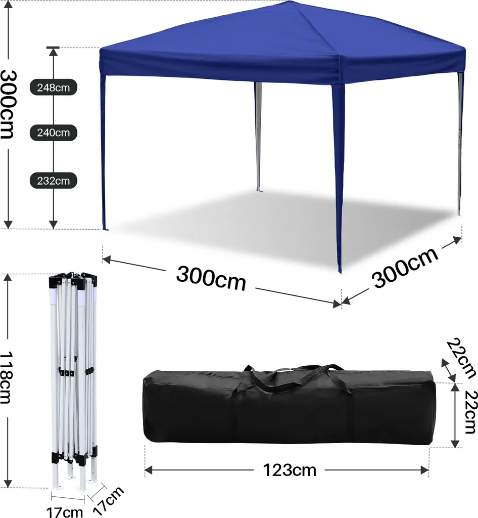 Gazebo Pieghevole Hengda 3x3m Blu | Ombra Istantanea UV50+ Outdoor - 2