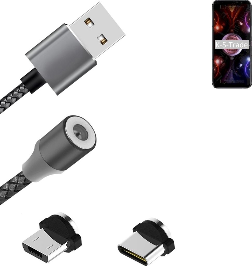 K-S-Trade Hochwertiges Magnet-Lade-kabel Sync-Kabel Daten-Kabel für Asus ROG Phone 5s Pro mit USB-Typ-C-Anschluss und Micro-USB-Anschluss 2A bis zu