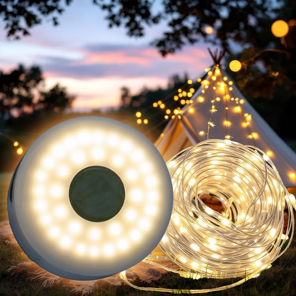 1.03 Camping Lichterkette aufrollbar - 10 m / 136 LED / 7 Funktionen - Campingleuchte mit USB aufladbar