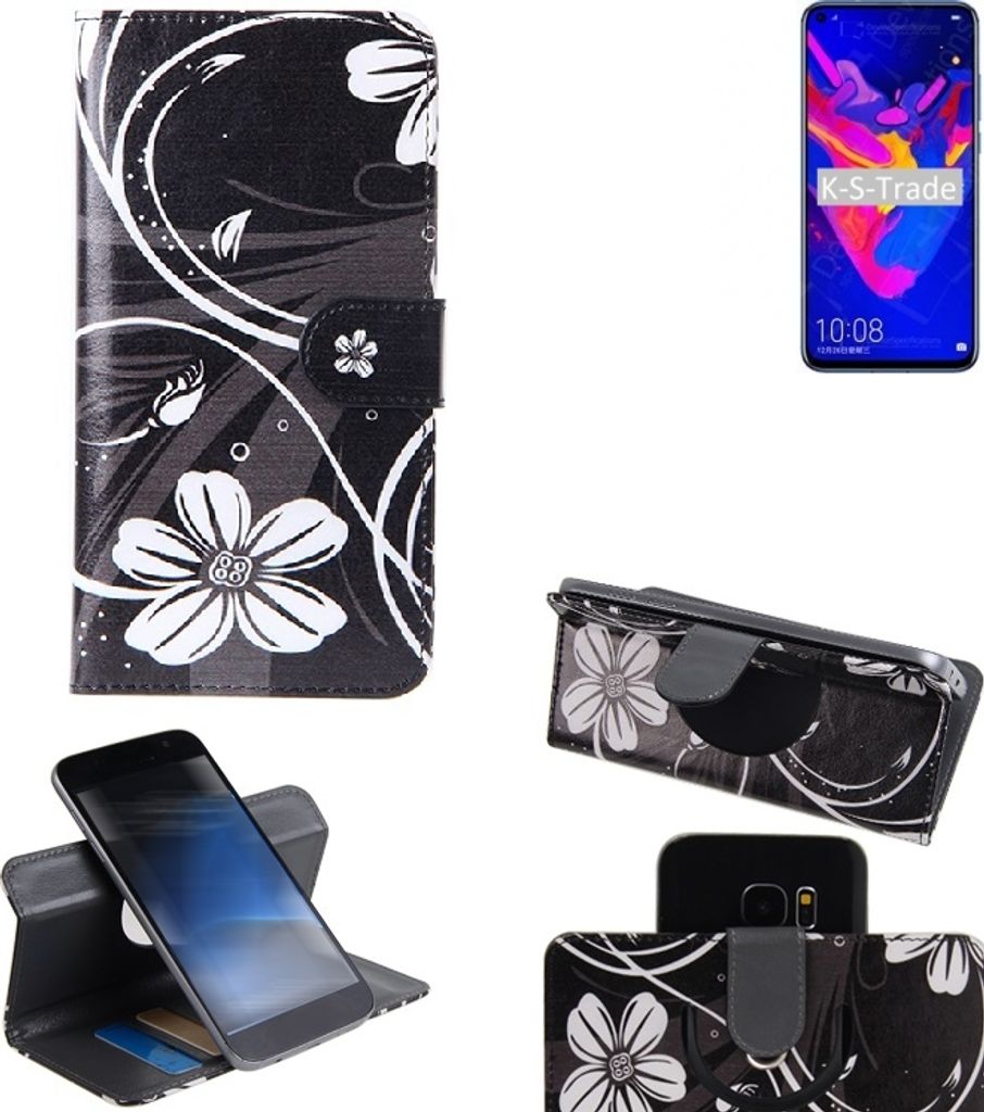 K-S-Trade Schutzhülle Handyhülle kompatibel mit Huawei Honor V20 Hülle 360° Wallet Case ''Flowers'' Klapphülle Hülle schwarz-weiß 1x