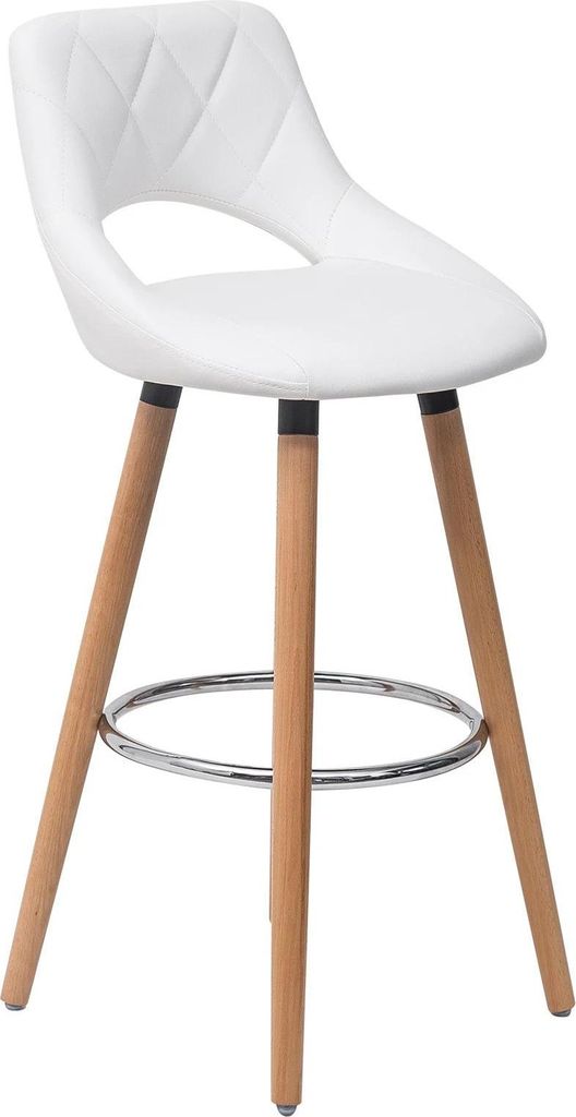 Lounge Barhocker - Thekenstuhl mit Rückenlehne - Fußstütze - Kunstleder - Buchenholzbeine - Feste Höhe - Sitz ca. 43x43 cm - Weiß