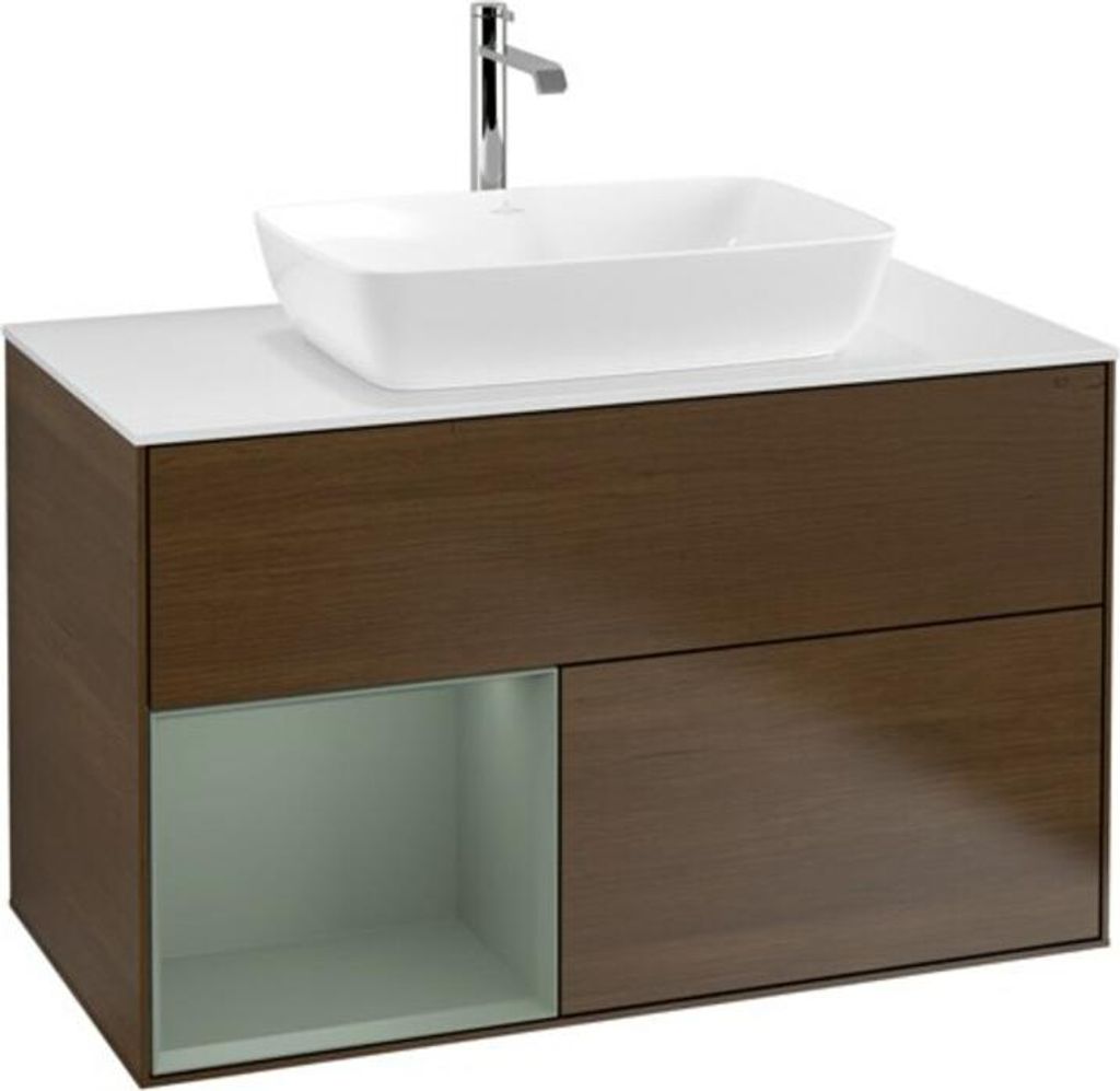 V&B Waschtischunterschrank Wandbeleuchtung Finion 100, Pl wh. m, Reg Oli. m Lac, wal ven