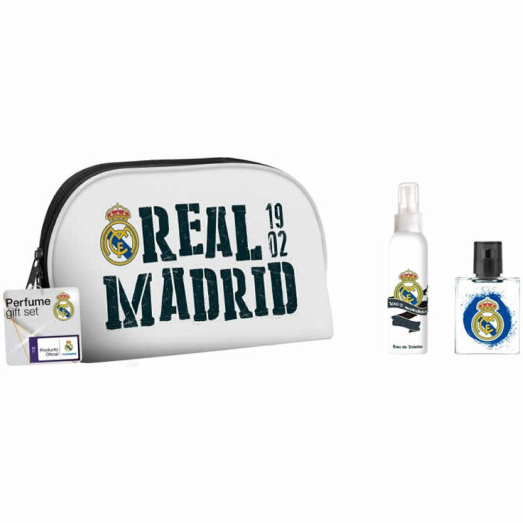A Real Madrid branded perfume gift set including a cosmetic bag, a body spray, and an eau de toilette bottle, displayed against a white background.
