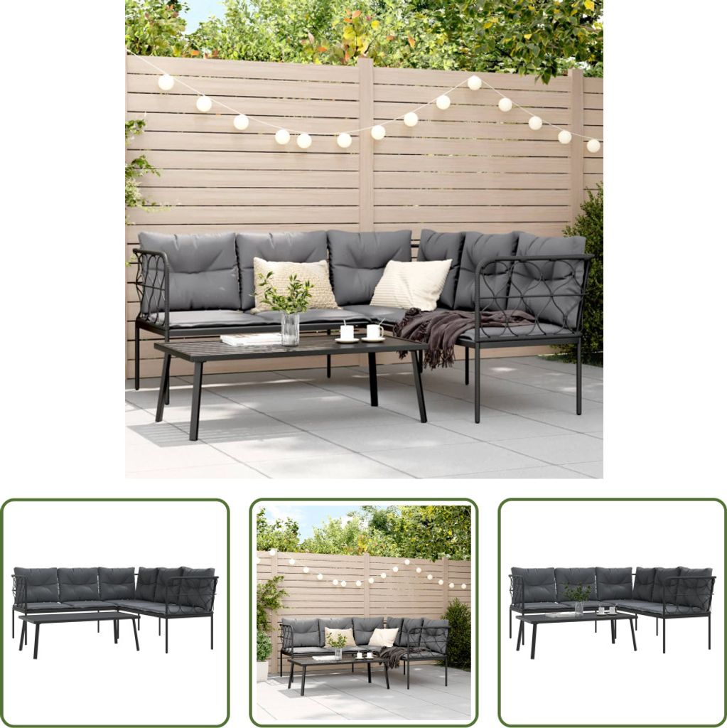 The Living Store Garten-Sofagarnitur mit Kissen Schwarz Stahl und Textilene