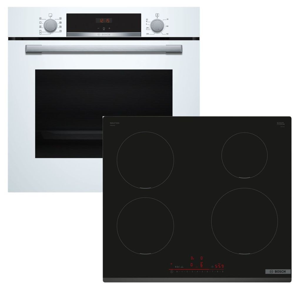 Herdset BOSCH Backofen weiß EcoClean + Induktionskochfeld HomeConnect autark 60cm