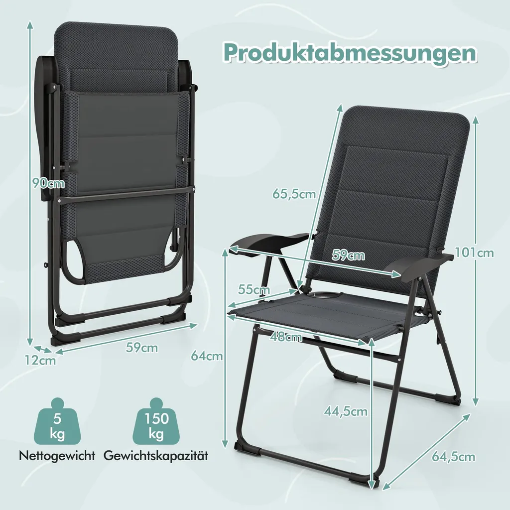 Chaises de Balcon Pliantes Grises pour Détente Extérieure - Pack de 2 - 3