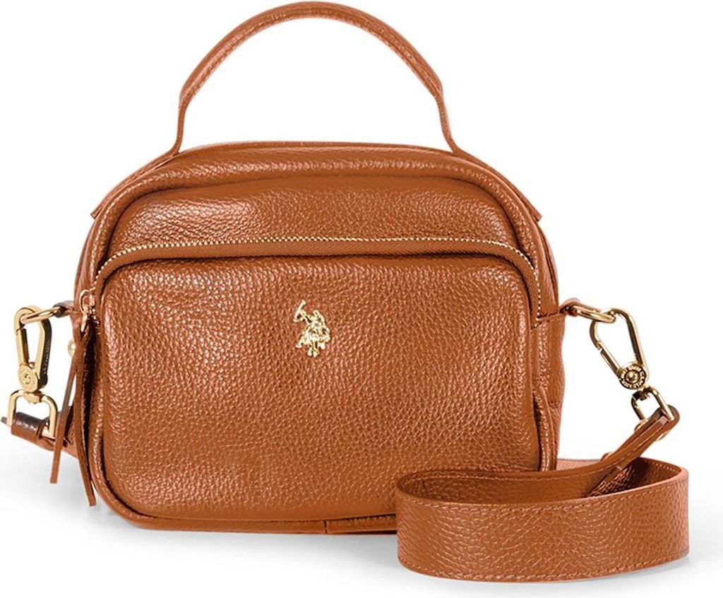 U.S. POLO ASSN. Leder Handtasche Umhängetasche Arlington Crossbody With Pocket Cognac braun
