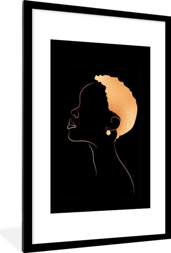 MuchoWow Gerahmtes Poster Frau - Strichzeichnung - Schwarz und Gold 60x90 cm - Poster mit Schwarzem Bilderrahmen Wandposter Rahmen Foto Bilder - ...