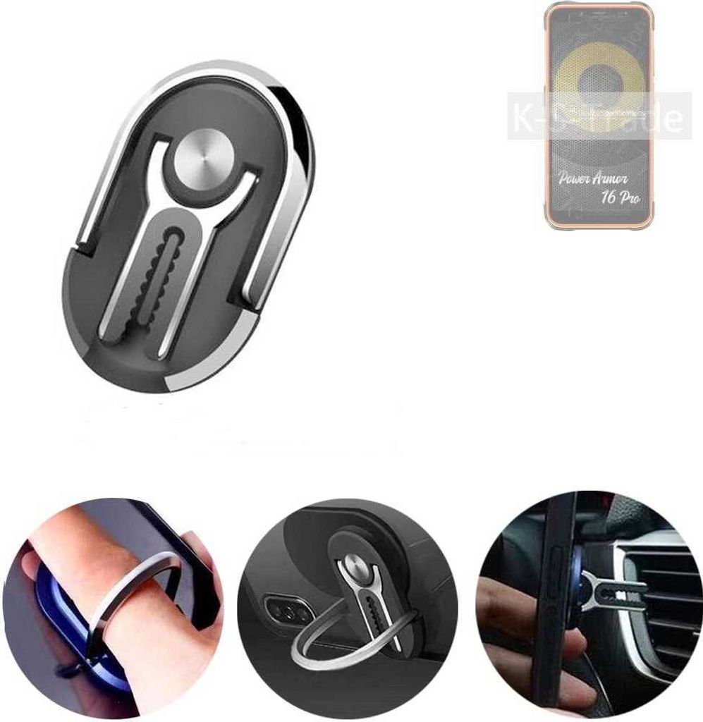 K-S-Trade 3in1 Smartphone-Ring Handy-Ring kompatibel mit Ulefone Power Armor 16 Pro Fingerhalterung Handyring Tischständer Lüftungsgitter-Halterung