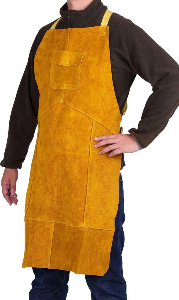 A person wearing a yellow leather apron.