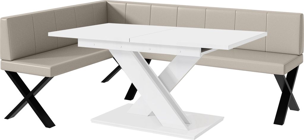 MEBLINI Eckbank für Esszimmer mit ausziehbarem Tisch - Küchenbank - Essecke - Sitzecke Küche - PETER - X-Beine 142x196x87cm Links - Beige Kunstl...