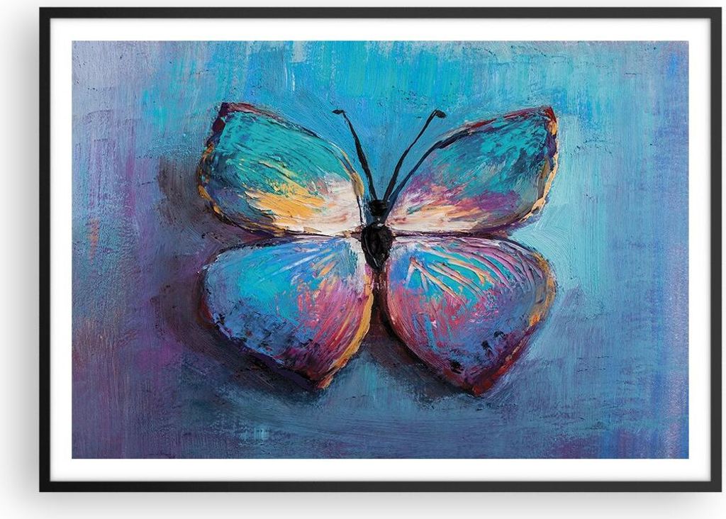 Gerahmtes Poster - Schwarzer Rahmen - Handschriftlich Schmetterling Blau - 100x70 cm - Wand Bild - Wanddeko - Wandbilder - Kunstposter - Wandposter...