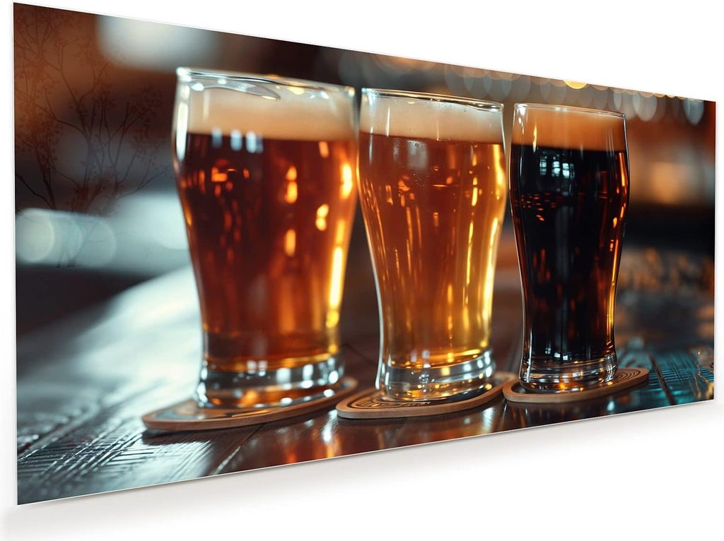 Glasbild 110x55cm in XXL für Wohnzimmer, Schlafzimmer Motiv Drei Biergläser Bar