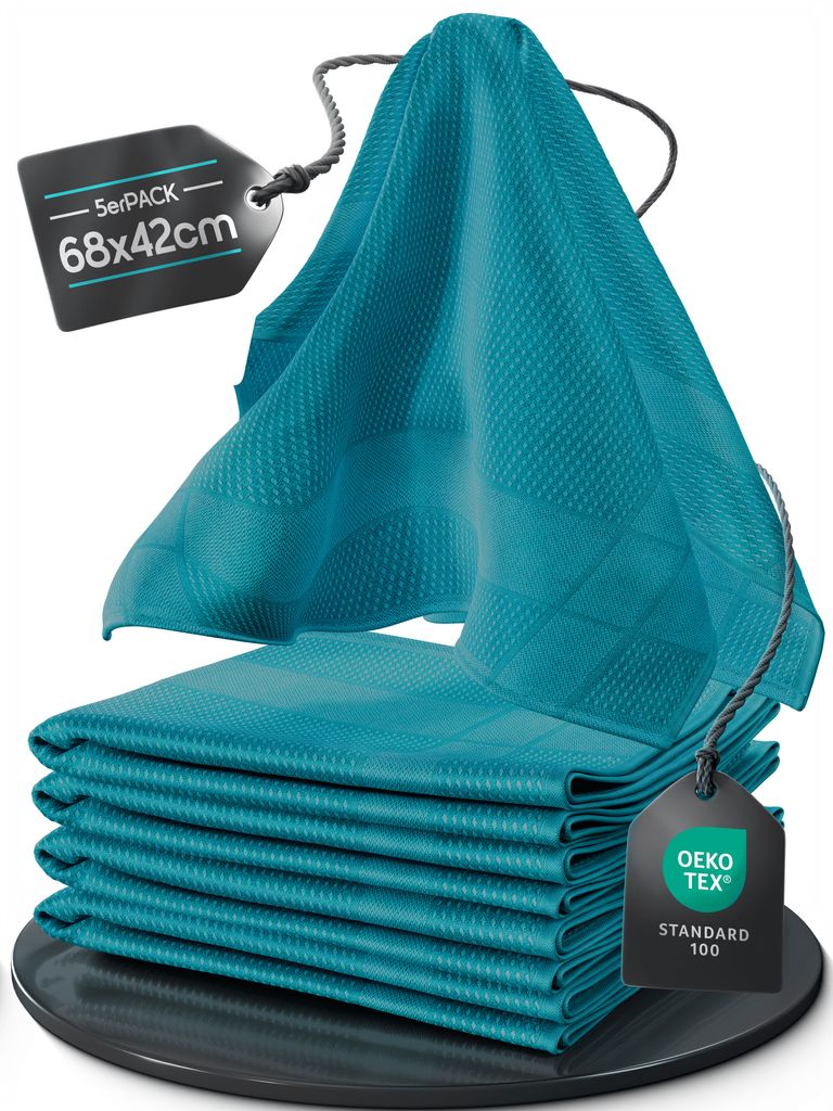 Microfaser Geschirrtücher Waffelpique petrol 5 Stück Set, 68x42cm, Hochsaugend & Schnelltrocknend, Streifenfrei, Küchenhandtücher, Mikrofasert...