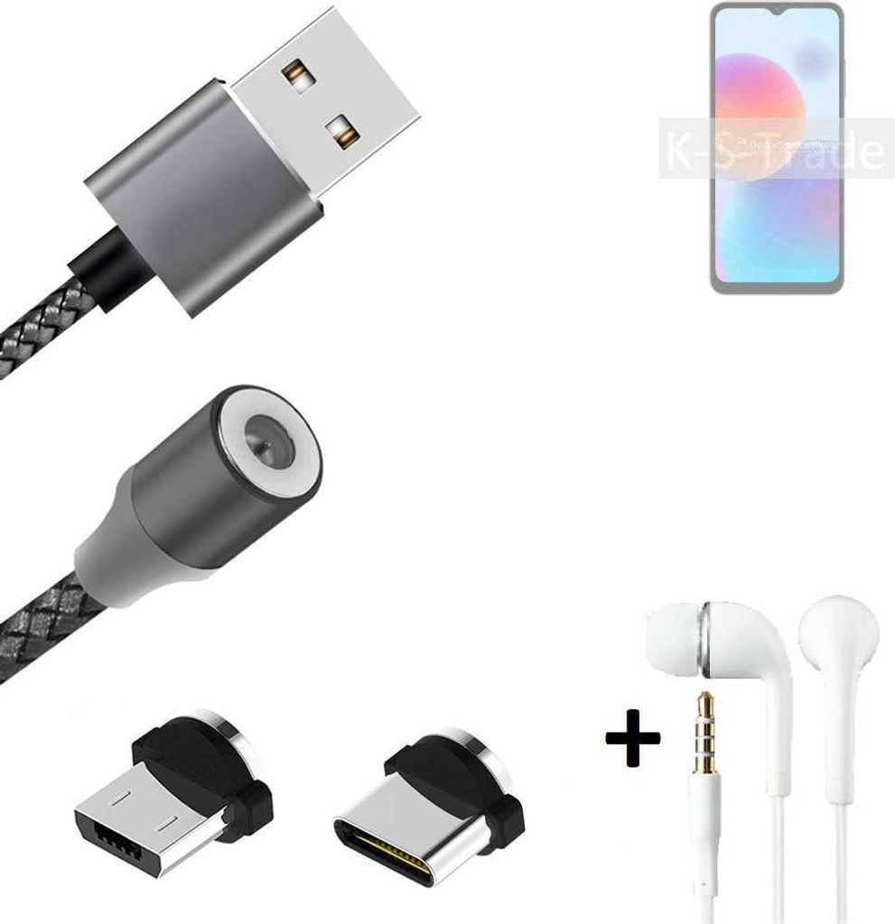 K-S-Trade Hochwertiges Magnet-Lade-kabel Sync-Kabel Daten-Kabel + Kopfhörer kompatibel mit ZTE Blade A52 mit USB-Typ-C-Anschluss und