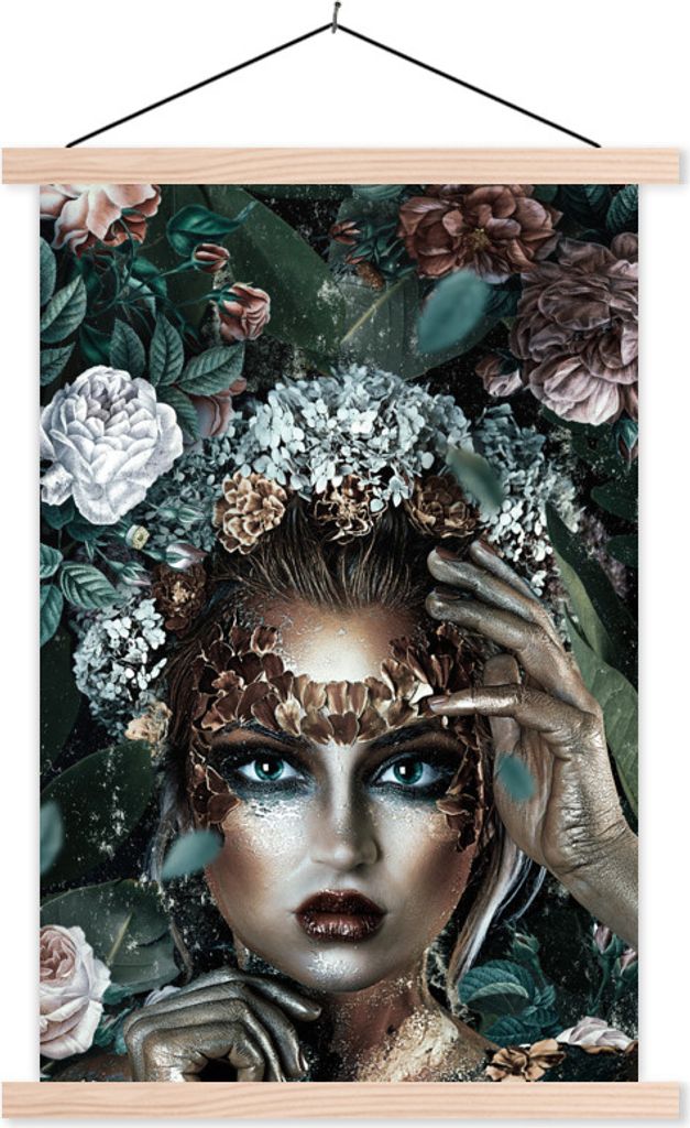 MuchoWow Textilposter Silber - Frau - Blumen 120x180 cm mit holzfarbenen Rahmen - Textil-Plakat