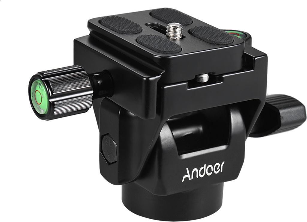 A black camera tripod head with a quick-release plate and leveling bubbles.