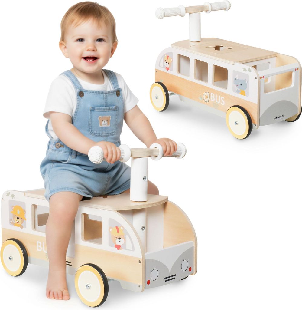 Holz Rutschfahrzeug Bus für Kinder mit Stauraum & Lenkrad – Laufauto aus Holz Mamabrum
