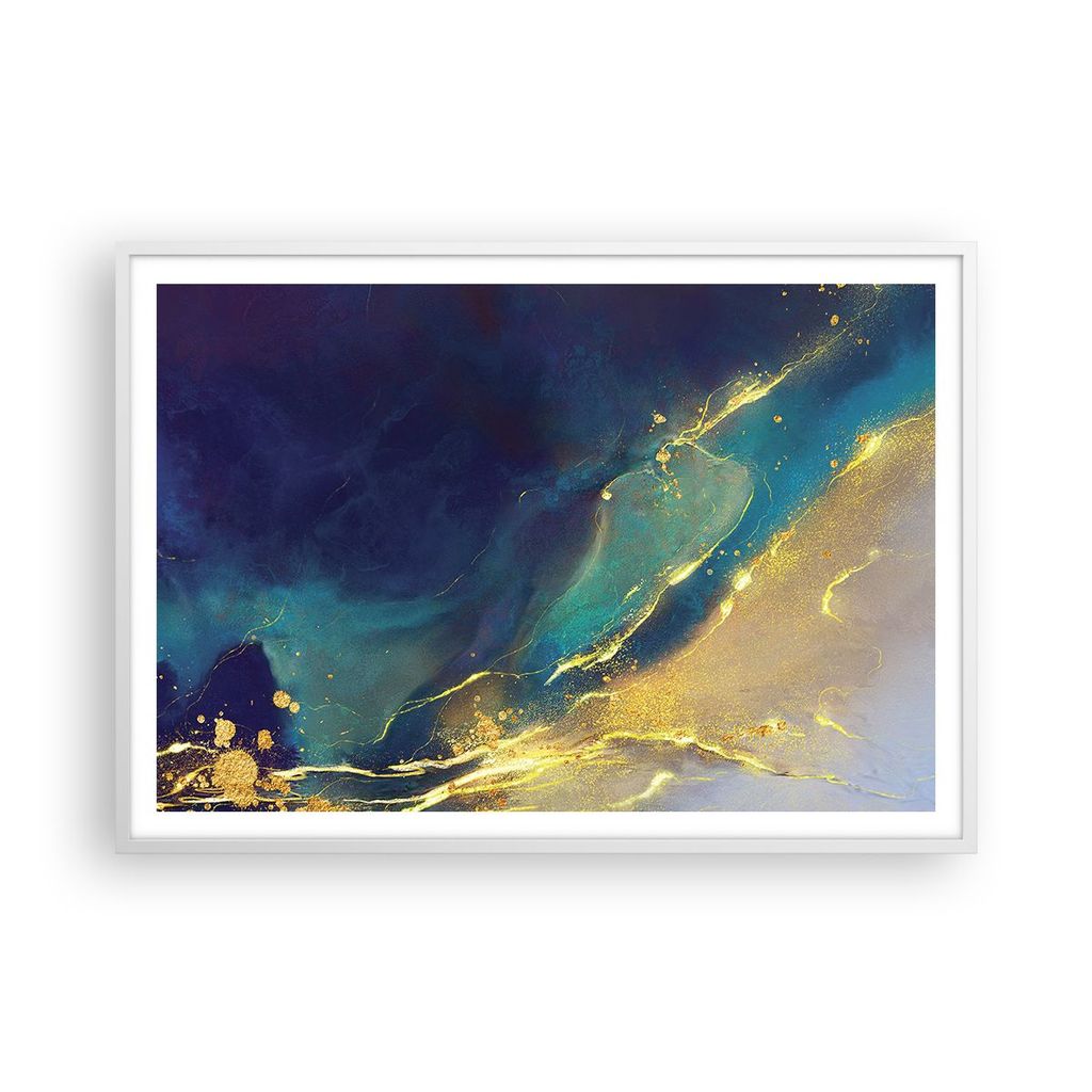 Gerahmtes Poster - Weißer Rahmen - Gold Granate Abstraktion - 100x70 cm - Wand Bild - Wanddeko - Wandbilder - Kunstposter - Wandposter - Bilderrah...