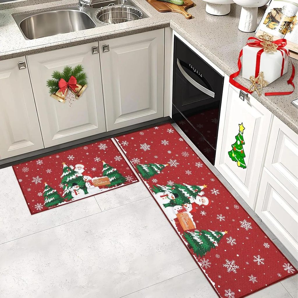 Zweiteiliges Set Weihnachts-Küchenmatten mit Schneeflocken - Küchenläufer/Matte - Rutschfest - Waschbar - 100% Polyester - Maschinengefertigt - ...